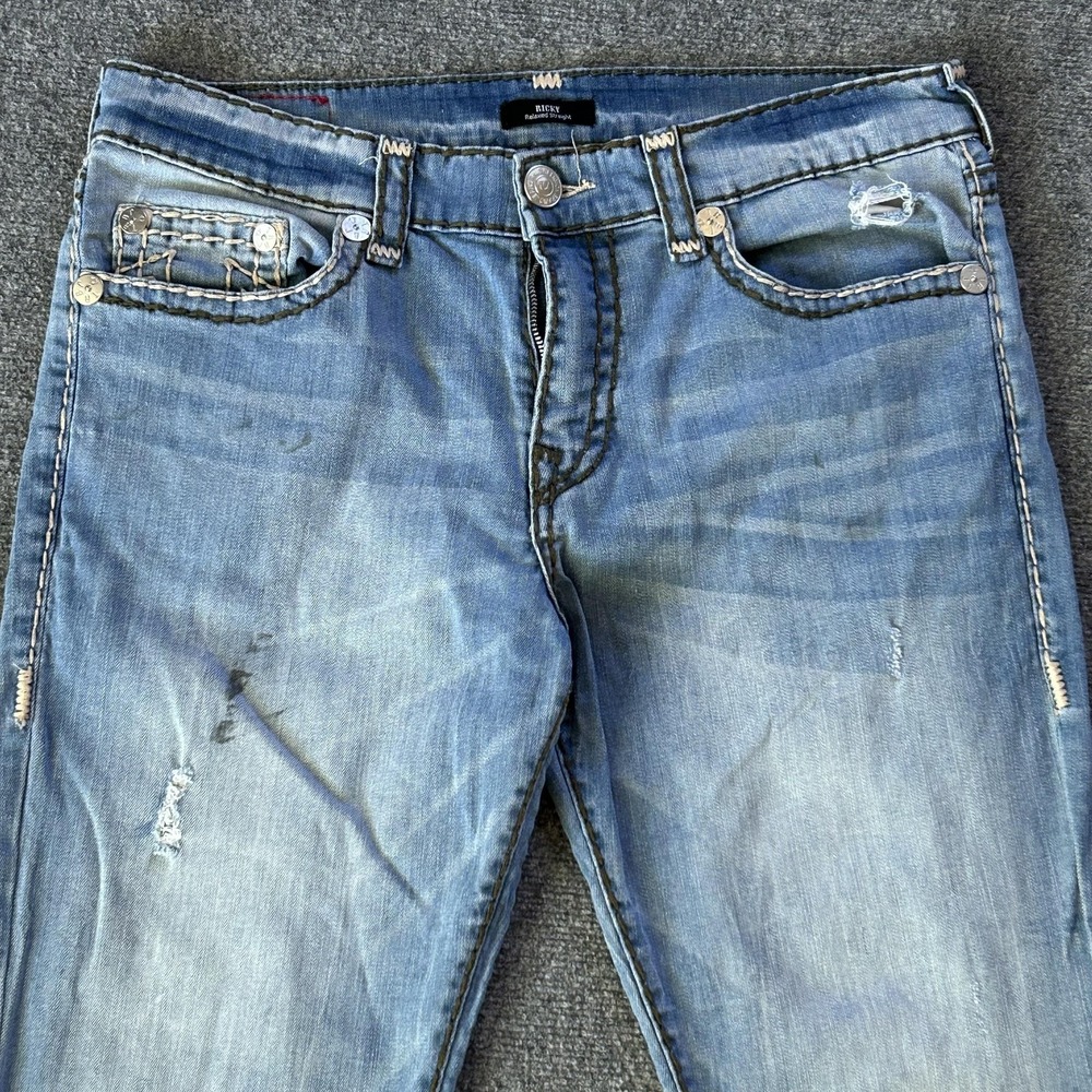 True Religion Ricky Relaxed Straight Jeans Mens 36x34 Blue Light Wash Distressed - Picture 6 of 16